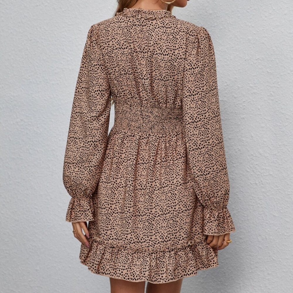 Boho Camel Dalmatian Dot V neck Ruffle Sleeve Mini Dress - Picture 3 of 4